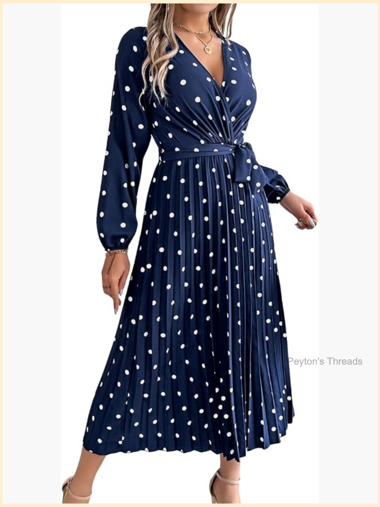 Polka Dot Maxi Dress, Pleated V Neck, Flowy A Line, Long Sleeve, Casual Business